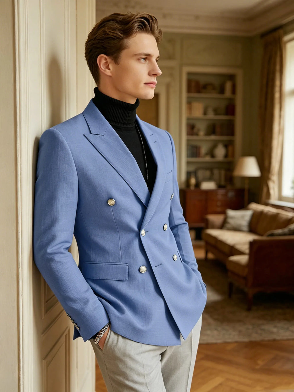 Men's Linen Blazer Double Breasted Peak Lapel Slim Fit Lightweight Breathable Cool Fashion Formal Jacket For Summer Business