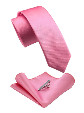 2.4" Solid Color Skinny Men's Ties Pink Silk Necktie Pocket Square Clip Set Luxury Neckties For Man Accessories Wedding Party