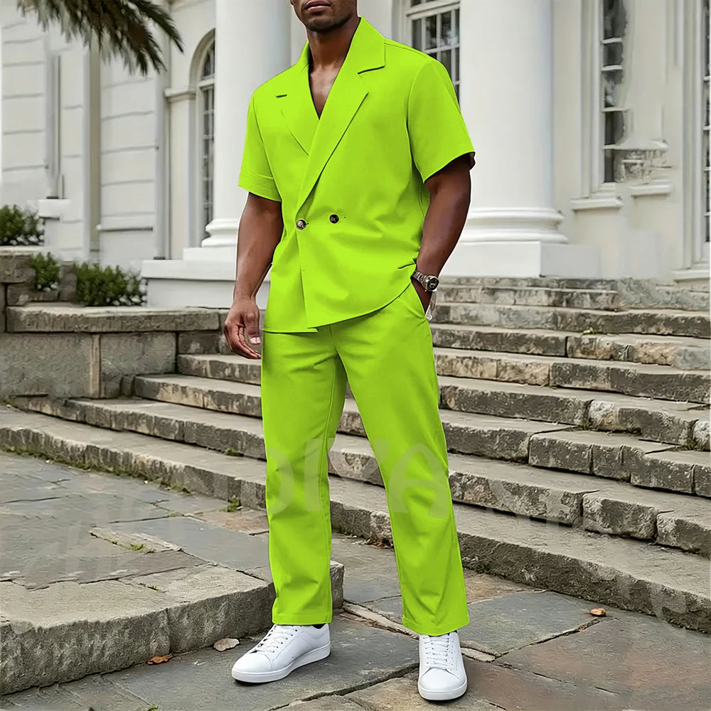 Stylish Men's 2 Piece Sets Notch Lapel Double Button Short Sleeves Blazer Suit Straight Fit Summer Casual Fashion Outfit