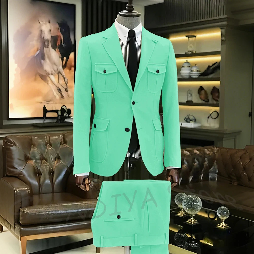 Customized Men Suits Solid Color Four Pockets Notch Lapel Outfits Formal Party Prom Daily Male Sets Two Piece(Blazer+Pants)