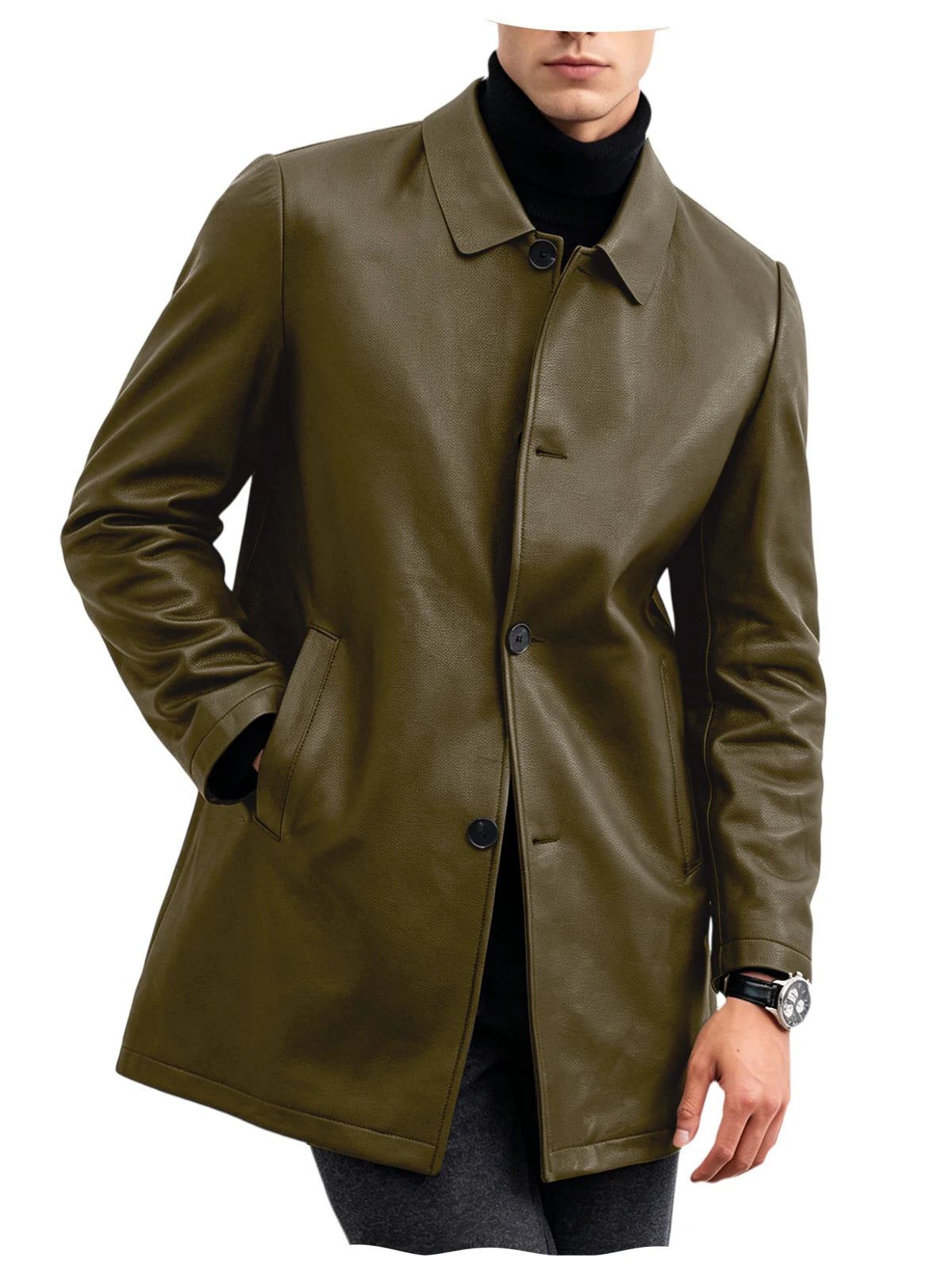 Men Premium Leather-Like Trench Coat Turn-Down Collar Single Breasted Mid-Length Overcoat Classic Slim Fit Business Casual Wear