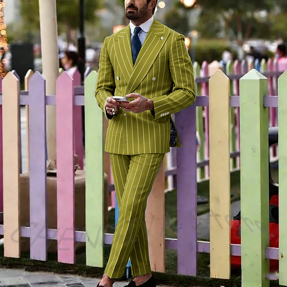 Light Purple Striped Men Suit England Style Peaked Lapel Double Breasted Classic Male Clothing Wedding Groom Tuxedo Custom Set