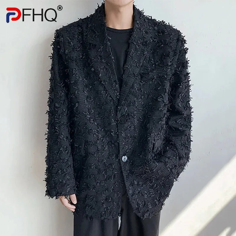 PFHQ Niche Design Men's Suit Jackets Lapel Single Button Solid Color Casual Clothing Loose Tassel Design Male Blazer New 21Z9013