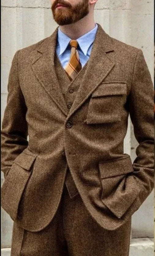 Tweed Wool Men's Suits for Fall Winter 3 Pieces Wedding Tuxedo Herringbone Suit Jacket Vest Pants Vintage Tailored made Suit