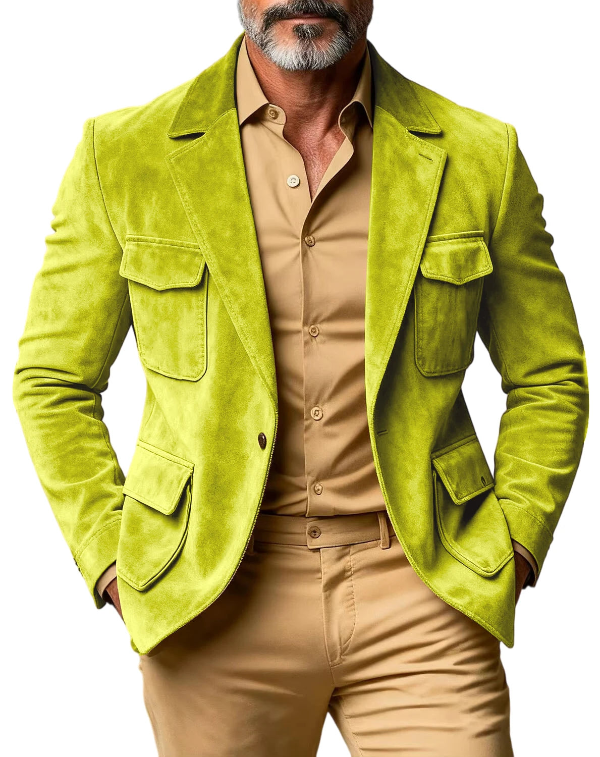 Men's Suede Safari Blazer Slim Fit Notch Lapel Multi-Pocket Hunting Jacket Autumn Winter Casual Business Sport Coat