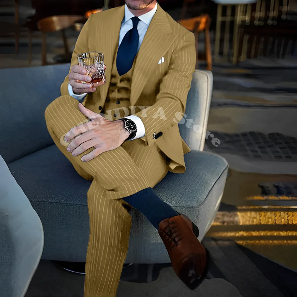 Chic Blue Pinstripe Men Suits Fashion Peak Lapel Business Casual Male Suit Elegant Wedding Groom Tuxedo Slim Fit 3 Piece Set