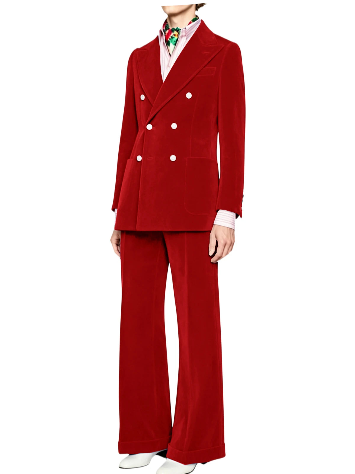 Men's Velvet Double Breasted 2 Piece Suit Set Slim Fit Peak Lapel Formal Straight Leg Pants Suit For Party Wedding Daily Wear