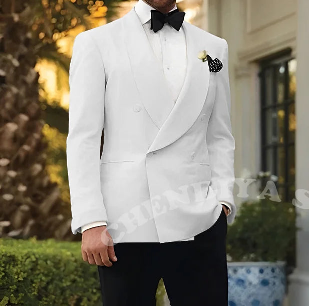 Double Breasted Men Suits Wedding Suit Groom Elegant Shawl Lapel 2 piece Slim Fit Man Set Jacket With Black Pants Formal Blazer