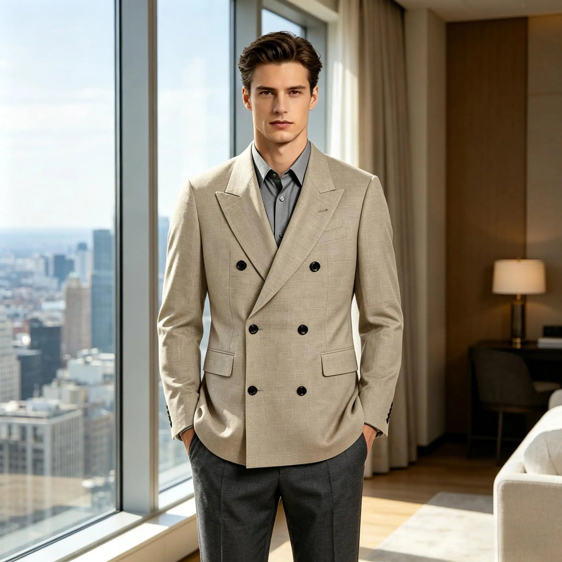 Men's Linen Blend Double Breasted Blazer Peak Lapel Breathable Wrinkle Resistant Business Suit Jacket For Wedding Daily Wear