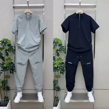 2025 Summer Breathable ice Silk Casual Sportswear Set, fashionable zipper quick-drying casual long pants and short-sleeved 2pcs