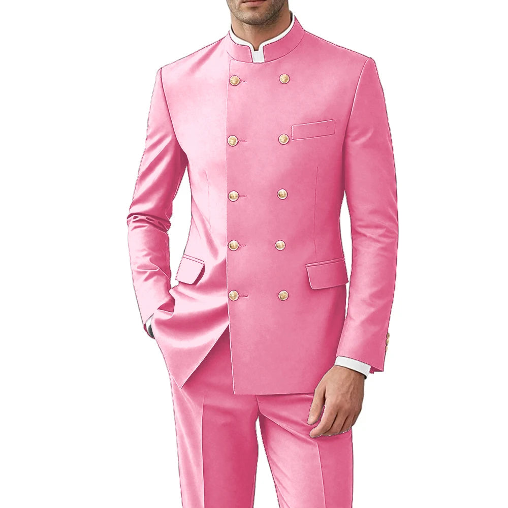 Solid Color Men Suits Formal 2 Pieces Double Breasted Stand Collar Balzer Pants Formal Party Business Wedding Set Customized