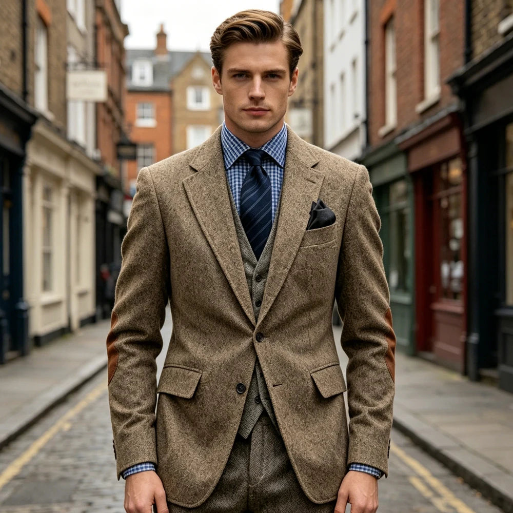 Men's Tweed Blazer Notched Lapel Wool Blend With Elbow Patches Casual Suit Jacket For Business Wedding Daily Wear Party