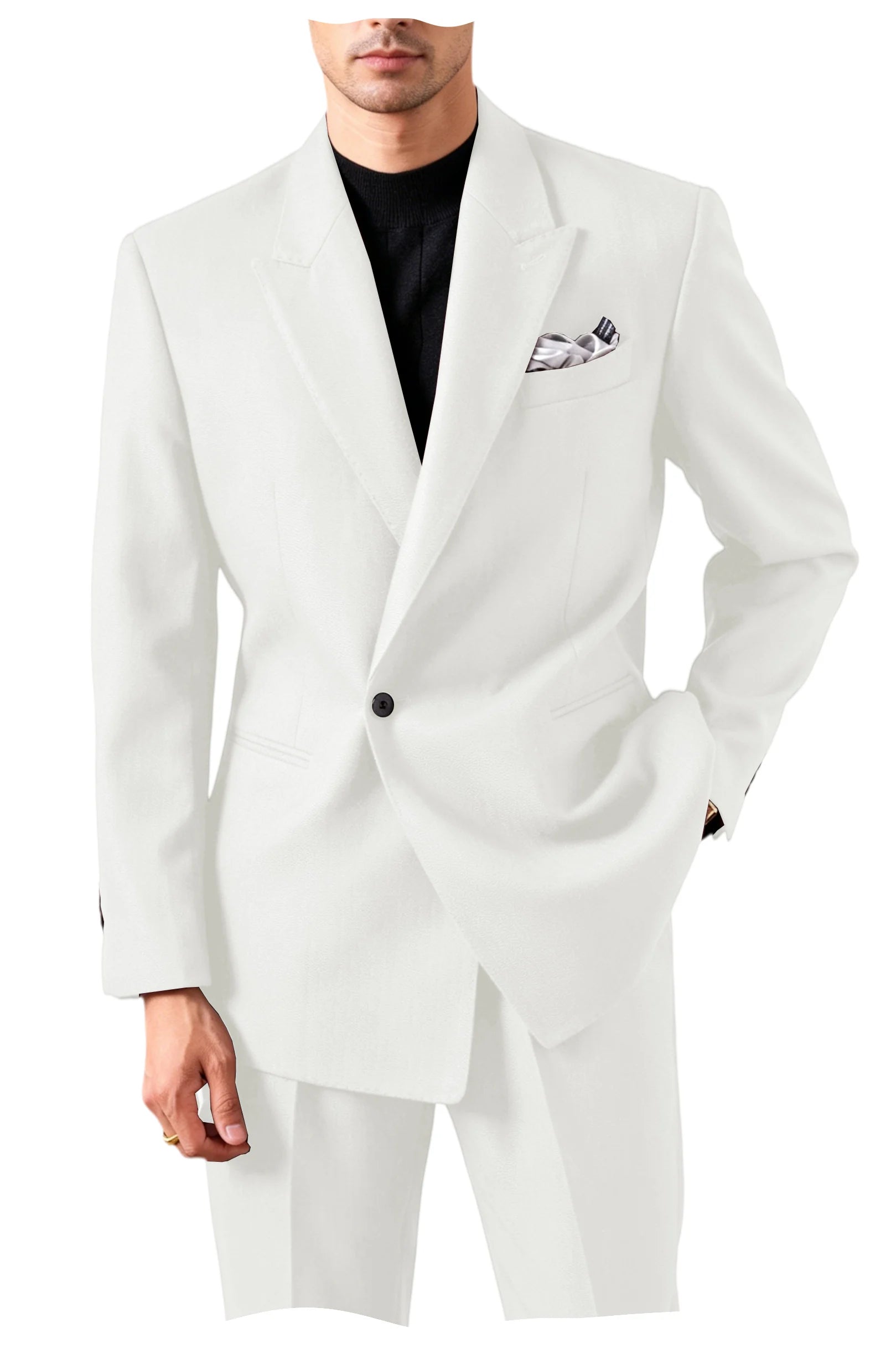 Men's Serge Suit Set Jacket Premium One Button Peak Lapel Slim Fit Tuxedo 2 Piece Blazer Pants Casual Business Wedding Formal