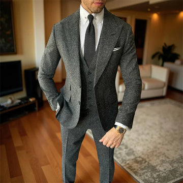 Grey Woolen Men Suits for Winter Prom 3 Pieces Wedding Tuxedo for Groom Italian Fashion Style Set Jacket Vest with Pants