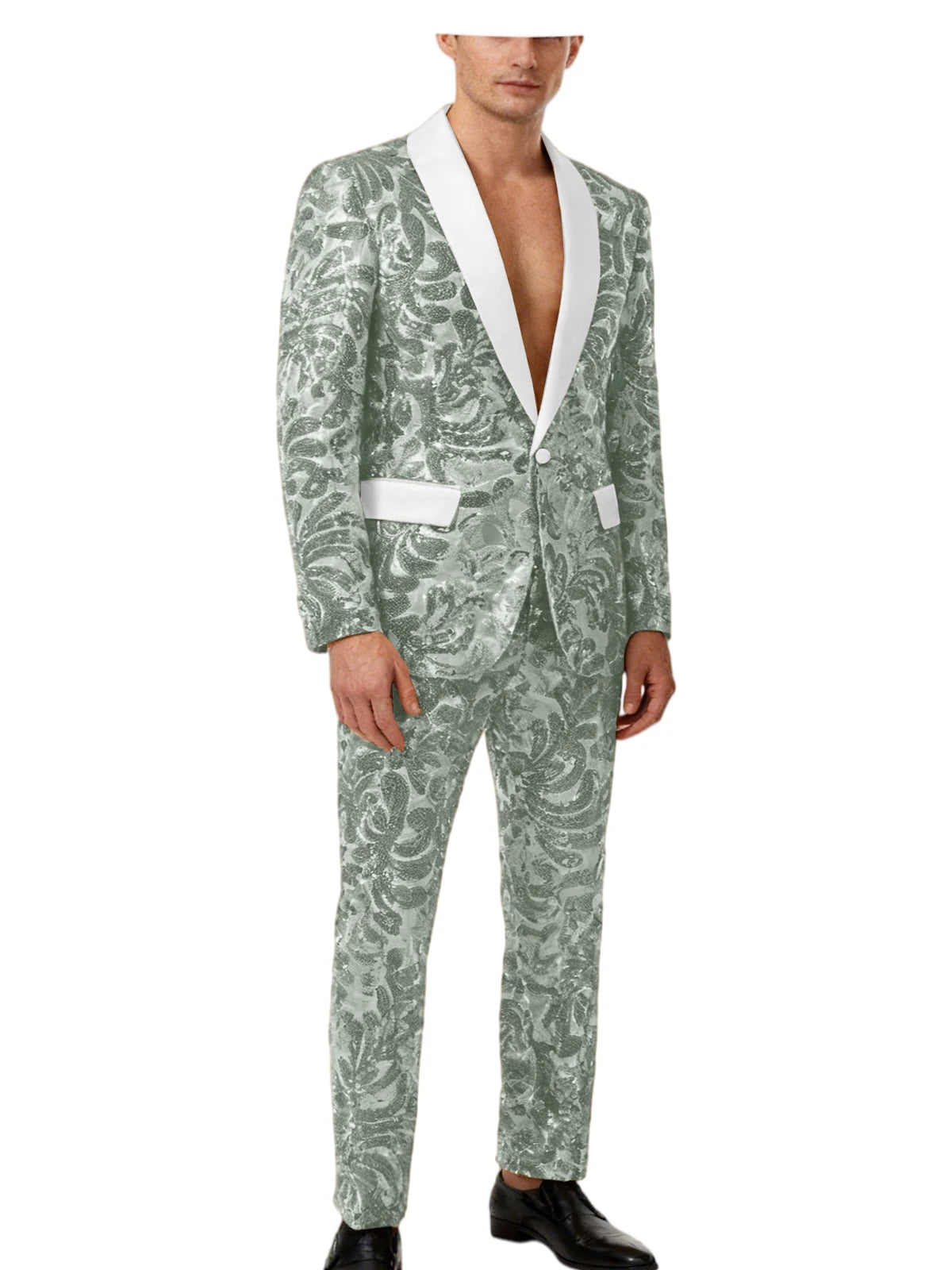 Men's Sequin Paisley Tuxedo Set Suit White Satin Shawl Lapel Slim Fit 2 Piece Blazer+Pants For Wedding Prom Party Suit Plus Size