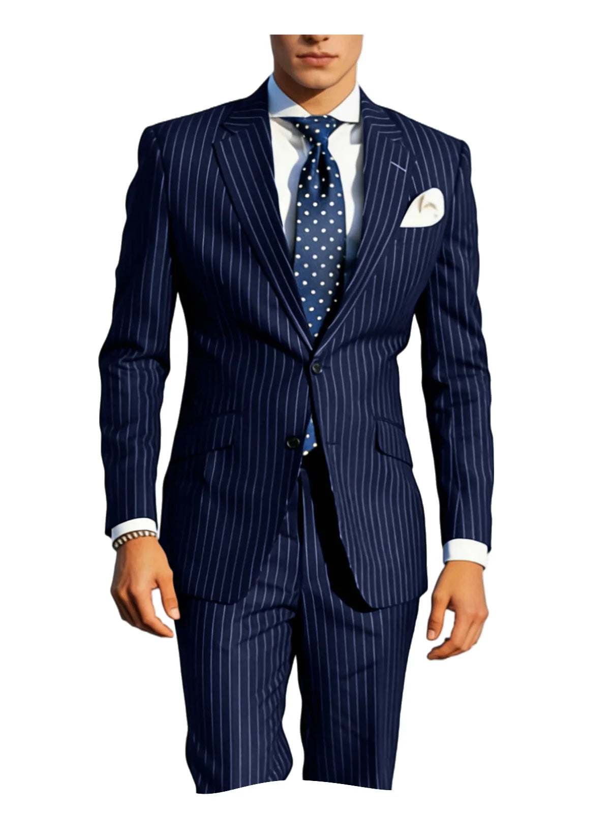Mens Pinstripe Suit Tuxedo 2-Piece Slim Fit Blazer Pants Set Formal Business Wedding Jacket Trousers For Spring