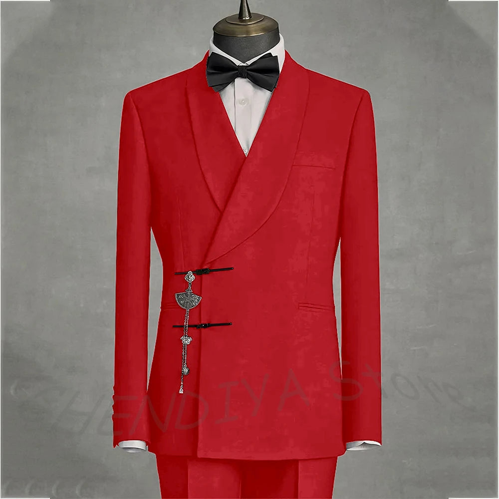 Solid Black Men's Suits Slim Fit Double Button Business Pants Suit Tailored Prom Party Wedding 2 Piece Jacket With Pants
