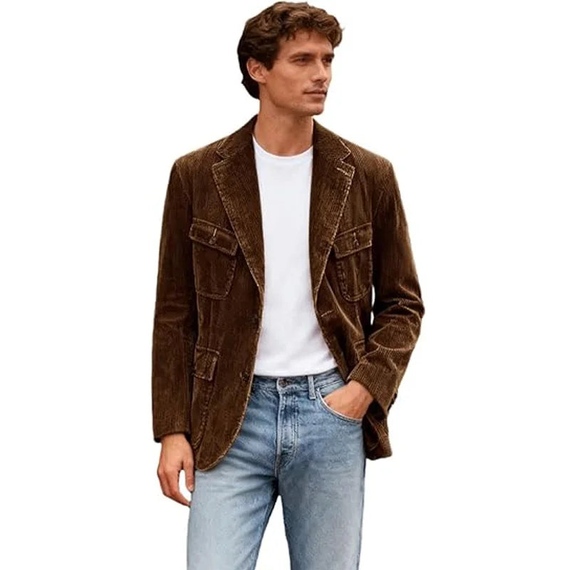 Vintage Men's Corduroy Casual Blazer Slim Fit Solid Color Black Brown Fashion Single Breasted Outerwear Customized Male's Jacket