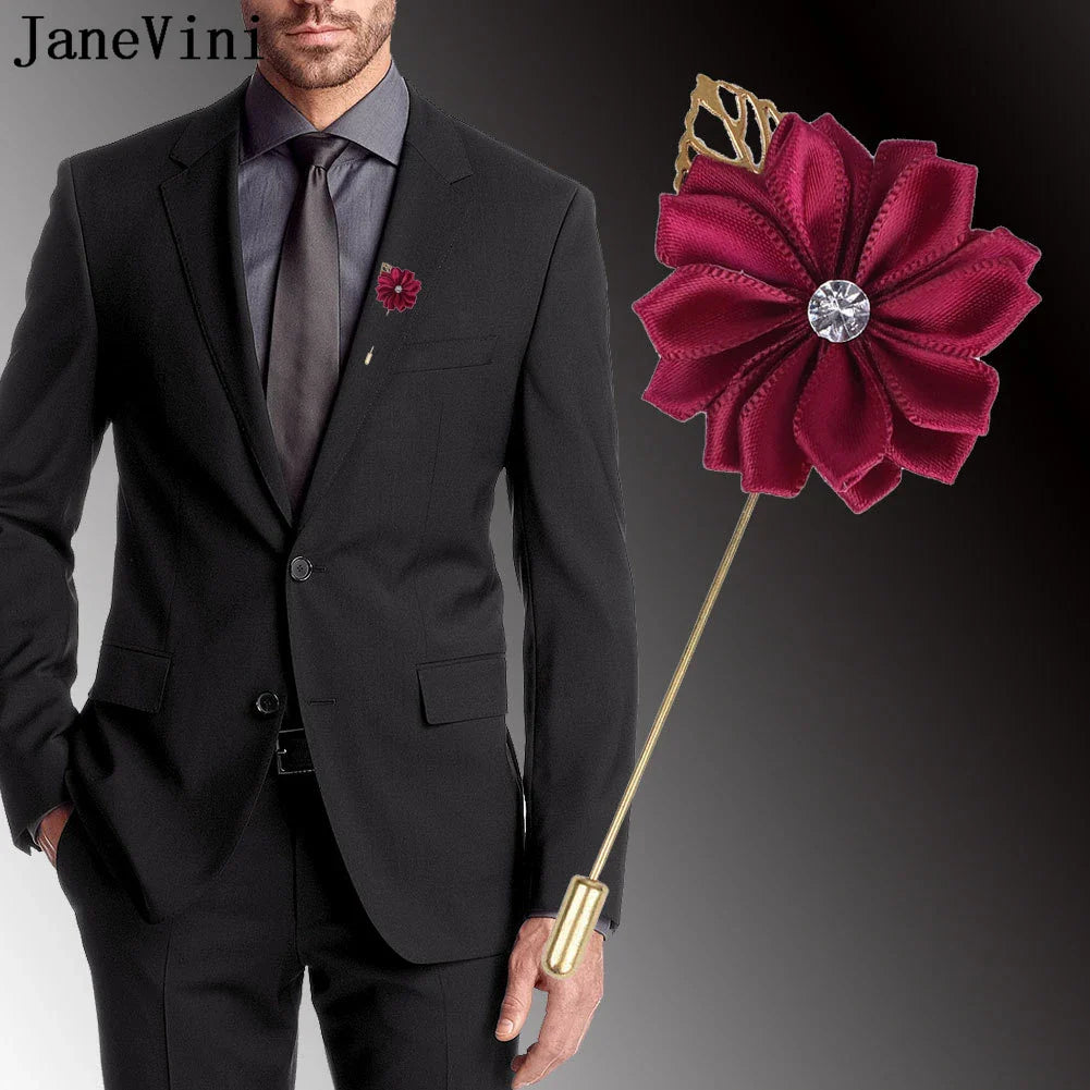 Janevini Groomsmen Flower Boutonniere Wedding Gold Leafage Corce uomini Pins Burgundy Silk Rose Abito Broche Flor