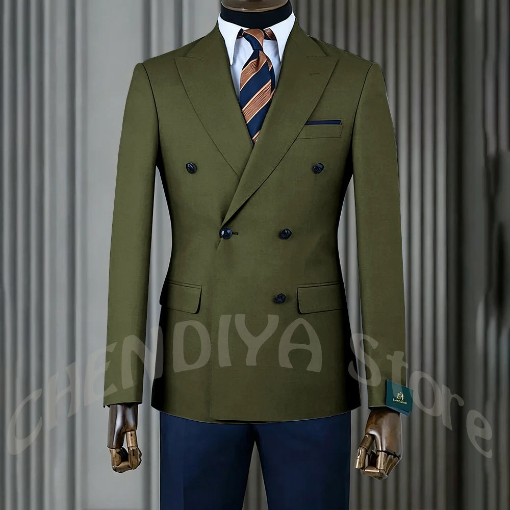 Stylish Men Suits Contrast Color Formal Blazer Male Clothing Double Breasted Business Casual Party Prom Jacket Pants Navy Blue