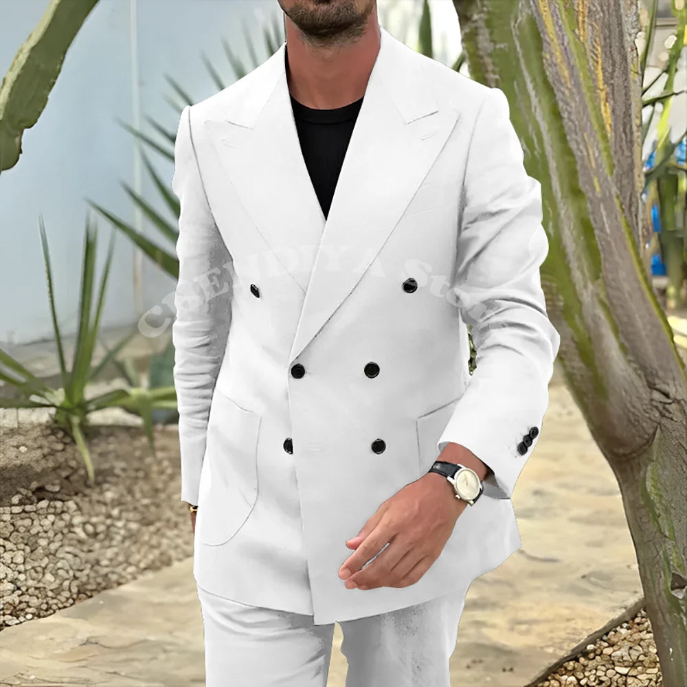 Fashion Men's Suits Black Notch Lapel Double Breasted Classic Smart Casual 2 Piece Prom Party Wedding Tuxedo Slim Costume Homme