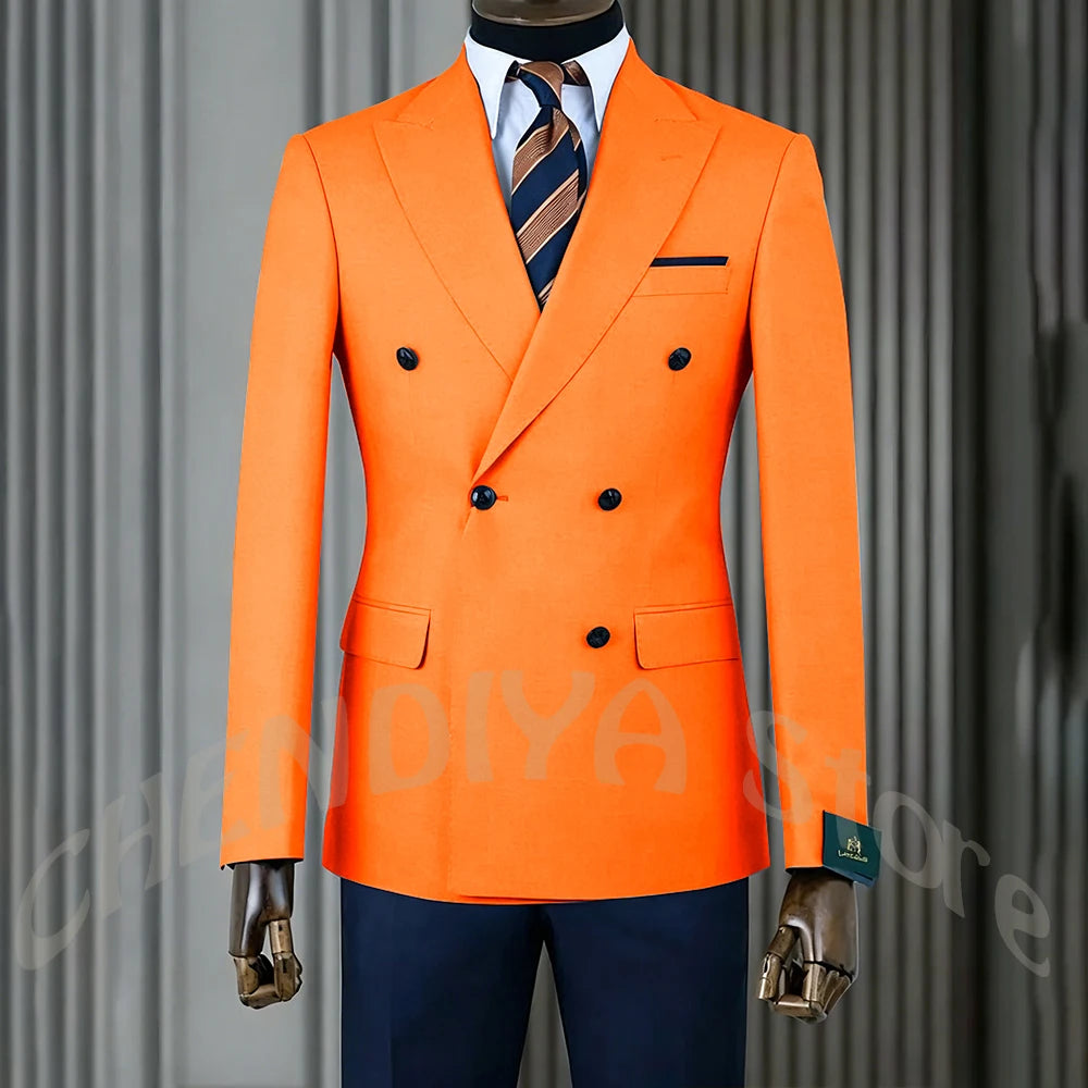 Stylish Men Suits Contrast Color Formal Blazer Male Clothing Double Breasted Business Casual Party Prom Jacket Pants Navy Blue