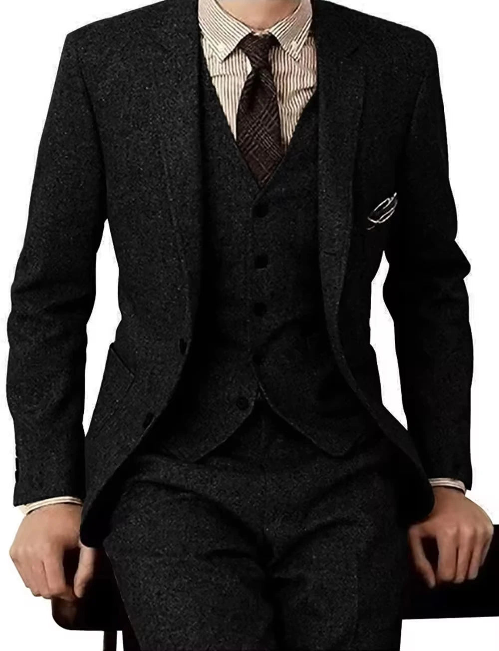 Men's Vintage Brown Tweed Blazer 3-Piece Suit Classic Herringbone Winter Formal Wedding Wear for Groomsmen Men's Sport Coats