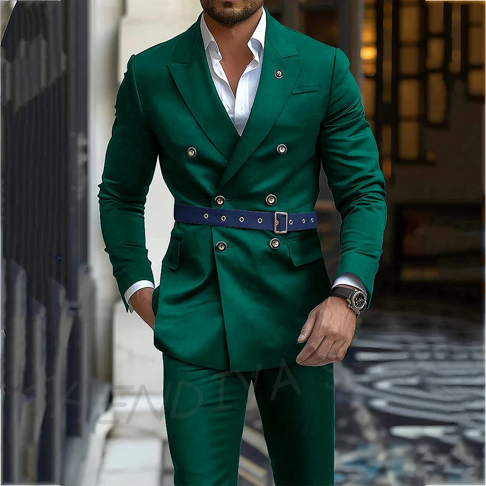 Navy Blue Men's Suit Classic Peak Lapel Blazer Double Breasted Formal Set Two Piece Business Casual Male Clothing Without Belt