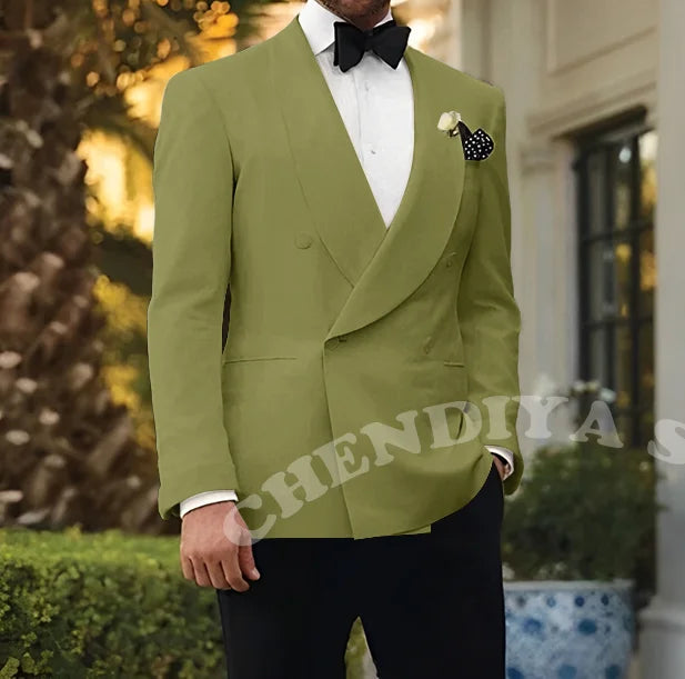 Double Breasted Men Suits Wedding Suit Groom Elegant Shawl Lapel 2 piece Slim Fit Man Set Jacket With Black Pants Formal Blazer