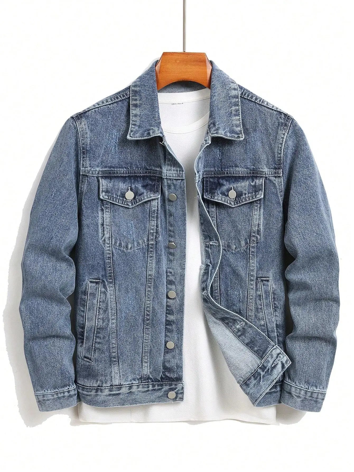 Men's denim jacket for spring and autumn. Blue retro distressed coat. For daily leisure, fashionable and trendy.