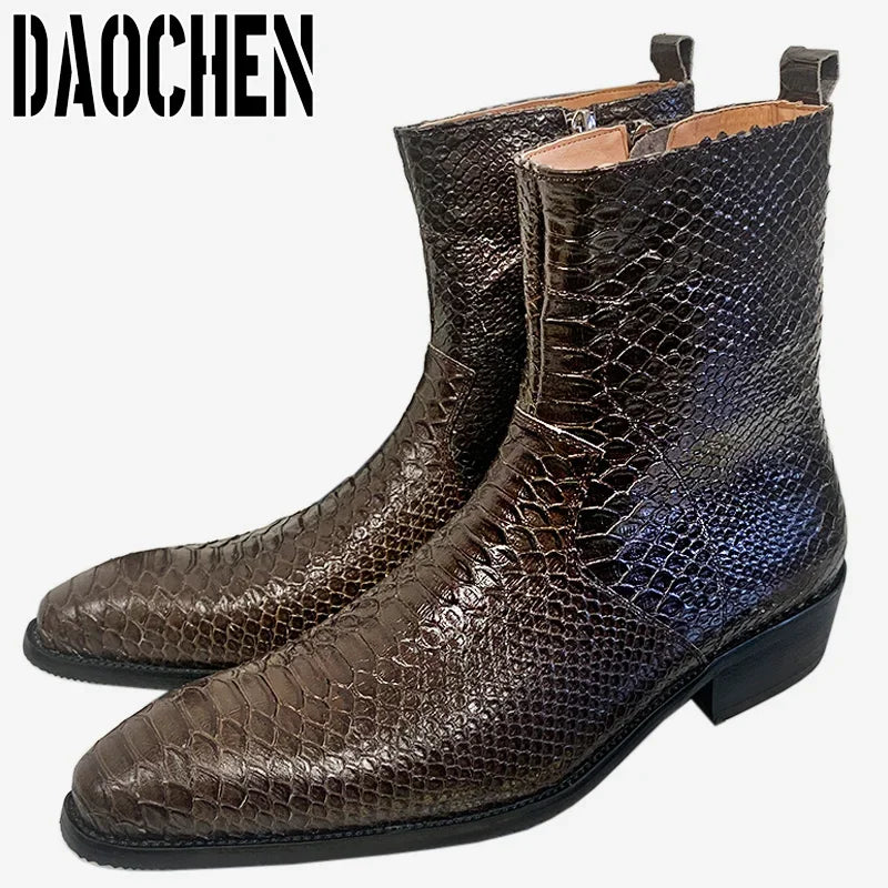 Luxury Men Mid-Calf Boots High Grade Python Print Shoes Casual Mens Dress Boots Winter Leather Chelsea Boots Shoes Men