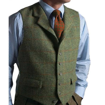 Green Plaid Men Suit Vest Herringbone Tweed Wool Waistcoat Slim Fit Tuxedo Vest Wedding Groom Party Business Formal Custom Made