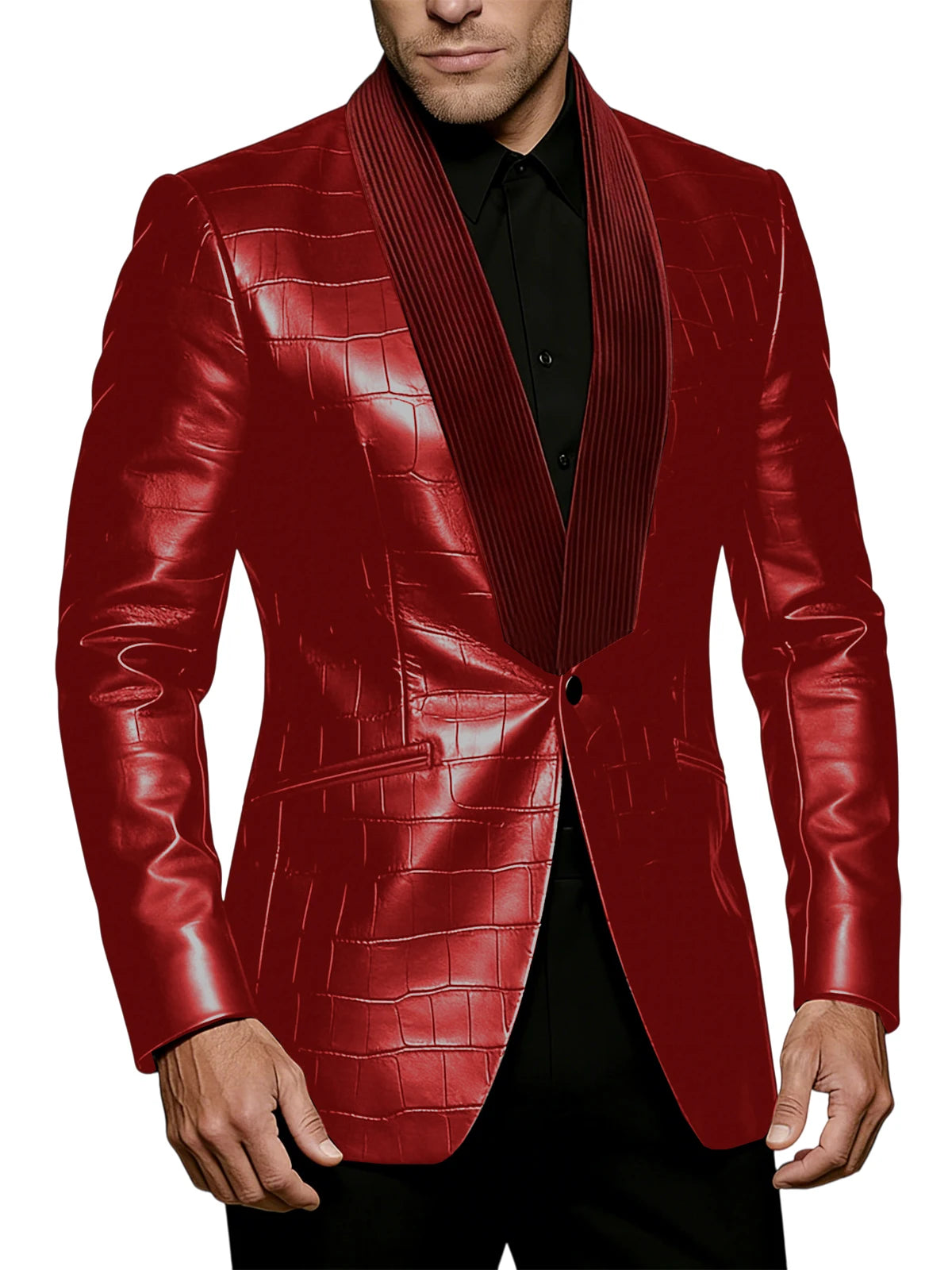 Men's Crocodile Pattern Leather Blazer Corduroy Patchwork 1 Button Shawl Collar Suit Jacket Slim Fit Business Formal Outerwear