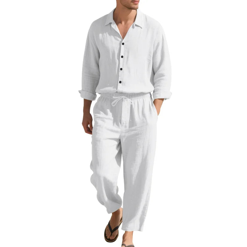 2025 Four Seasons Linen Men's Suit Casual Fashion Loose-Fitting Long Sleeves Shirt+Trousers2Set Beach Vacation Leisure Essential