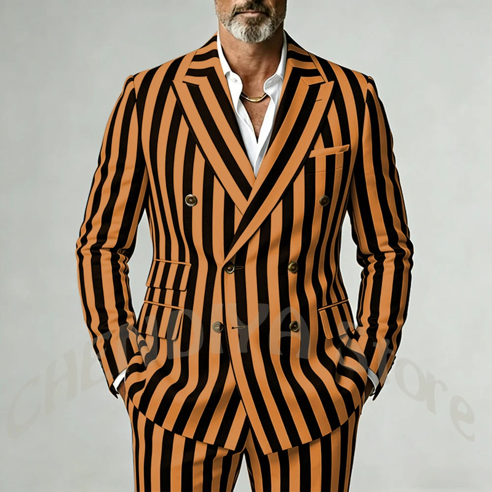 Casual Wide Striped Men's Suit Double Breasted Peaked Lapel Tailored Costume Homme Smart Business Office Daily Party Outfit