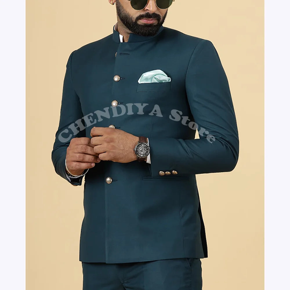 Solid Green Men's Suits Stand Collar Single Breasted Jacket Pnats Slim Fit 2 Piece Daily Office Business Occasion Formal Blazer