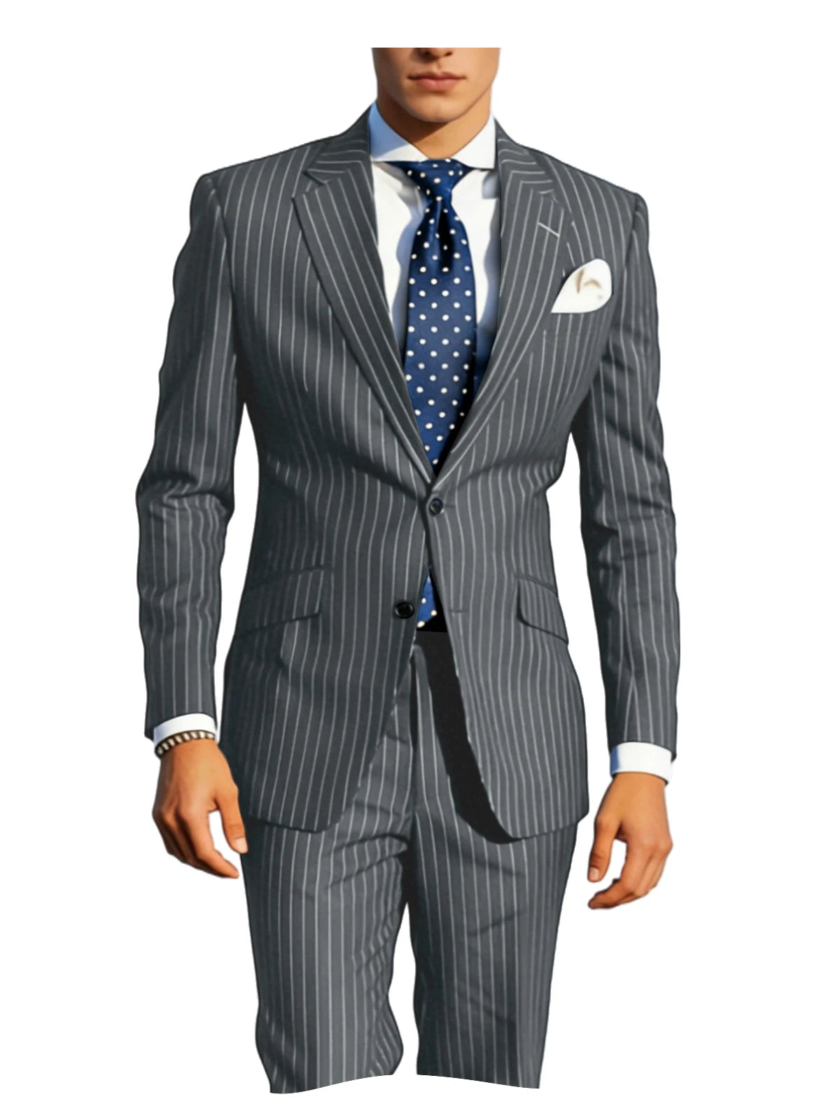 Mens Pinstripe Suit Tuxedo 2-Piece Slim Fit Blazer Pants Set Formal Business Wedding Jacket Trousers For Spring