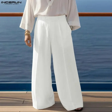 INCERUN Men Pants Solid Color Button Joggers Baggy Casual Wide Leg Trousers Men Streetwear 2026 Loose Fashion Male Long Pants