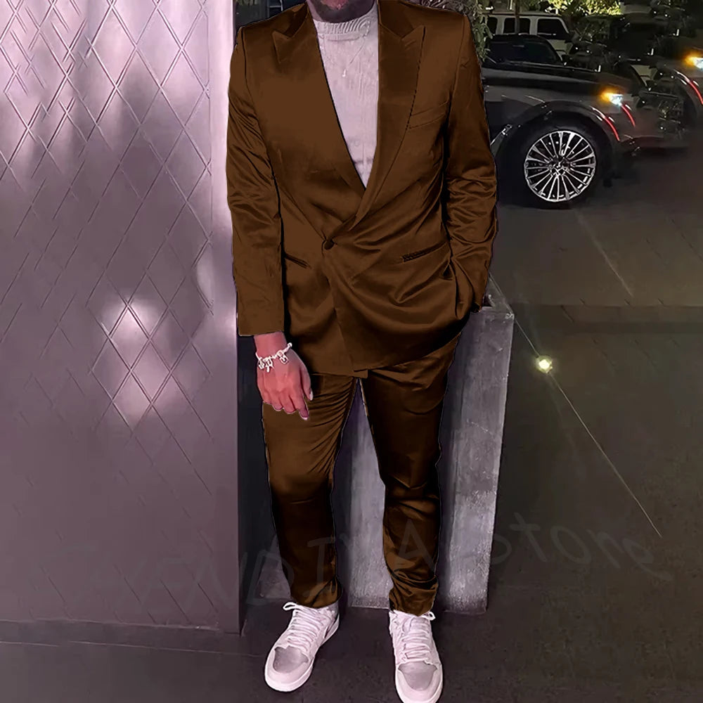 Silver Satin Men Suits 2 Piece Chic Peak Lapel Casual Daily Suit Single Button Formal Evening Party Tuxedo (Blazer+Pants)