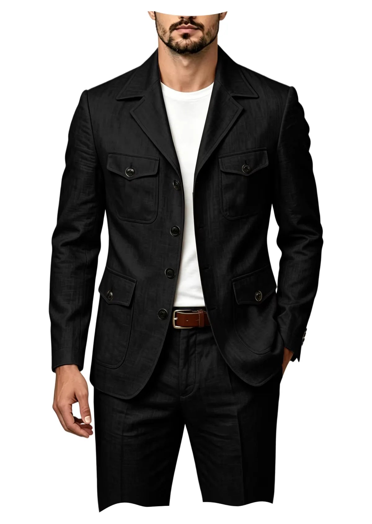 Men's Grey Linen Blend Suit 2 Piece Multi Pocket Peak Lapel Blazer pants Set Lightweight formal Suit for Summer Business Casual