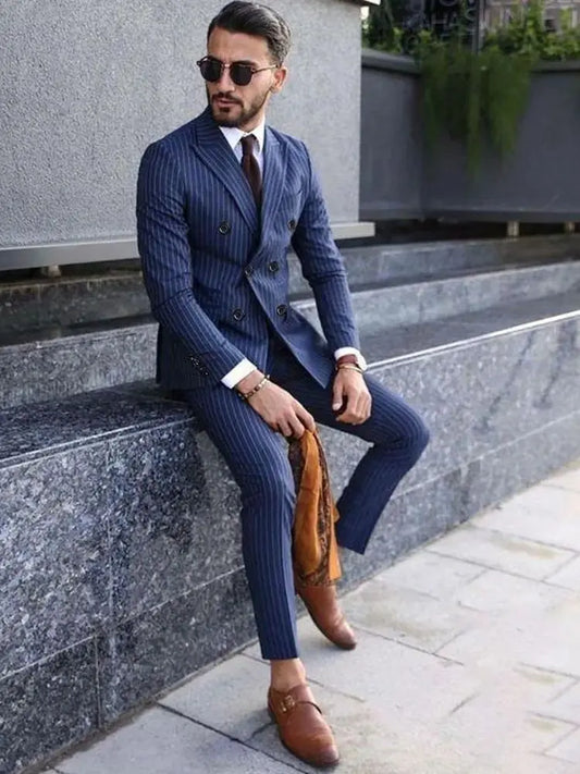 Formal Men's Suits Regular Fit 3 Piece Blazer Vest Pants Set Peak Lapel Tuxedos Stripe For Wedding Groomsmen Luxury High Quality