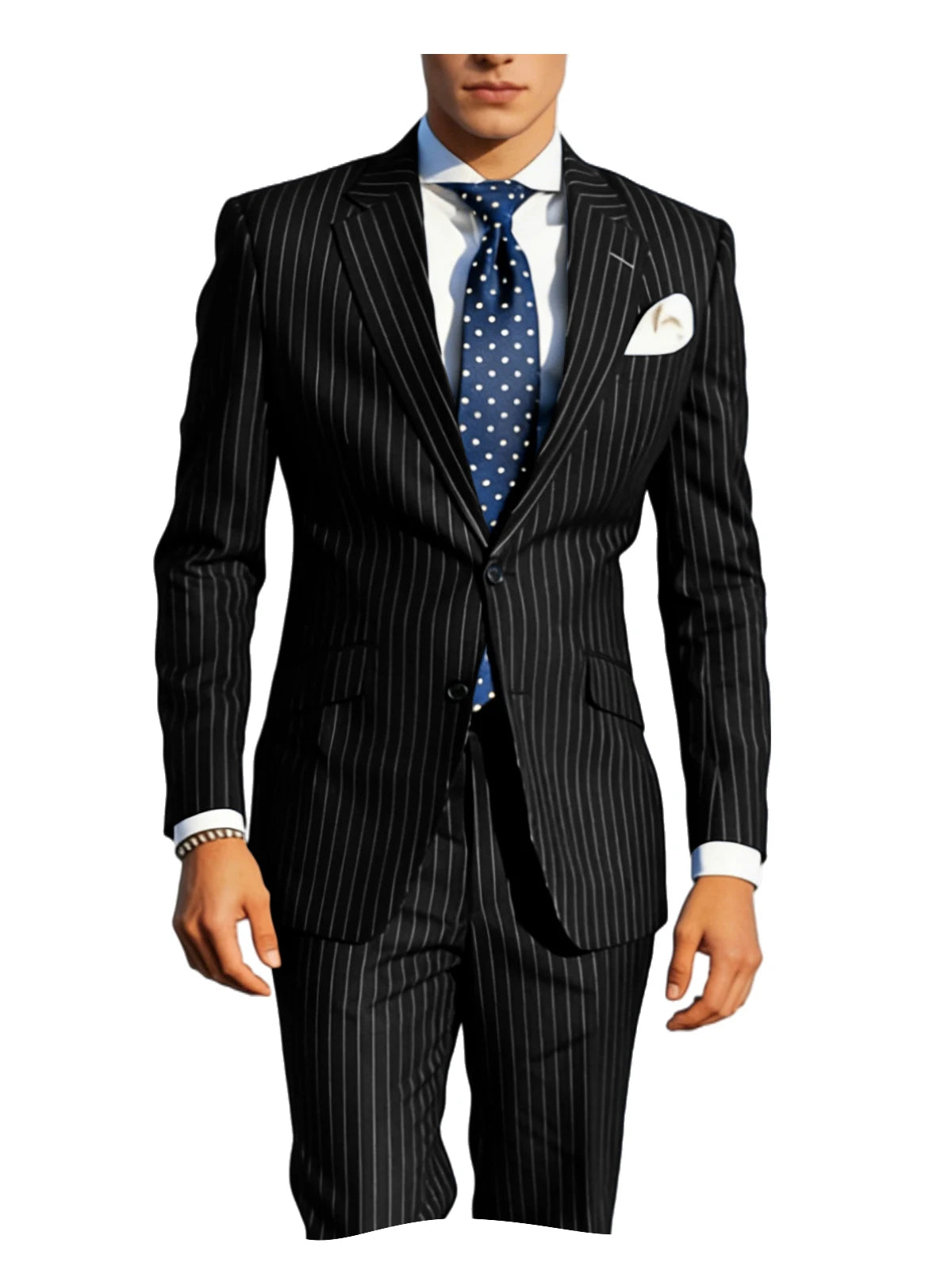 Mens Pinstripe Suit Tuxedo 2-Piece Slim Fit Blazer Pants Set Formal Business Wedding Jacket Trousers For Spring