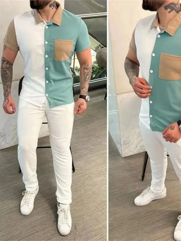 Men Pant Set Two Piece Sets Short Sleeve Turn Down Collar Single Breasted Shirt Tops Splice High Waist Long Pants 2024