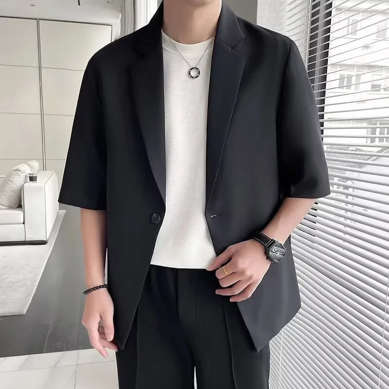 Khaki Short Sleeve Suit Jacket Men's Casual British Style Half Sleeve High End Feeling Lightweight Men's Fashion Spring Summer