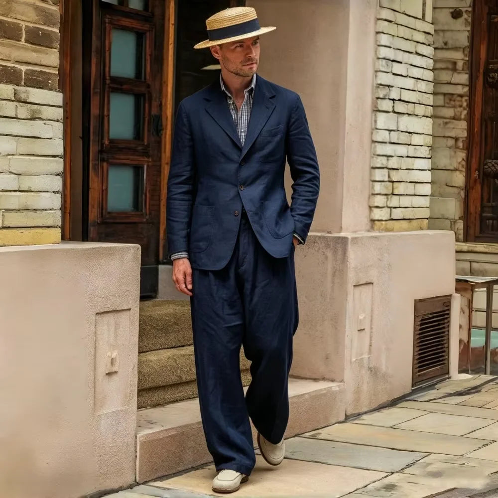 Men's Linen Suit 2 Pieces Luxury Slim Fit Casual Blazer Straight Leg Pants Breathable Wrinkle Resistant Lightweight For Wedding