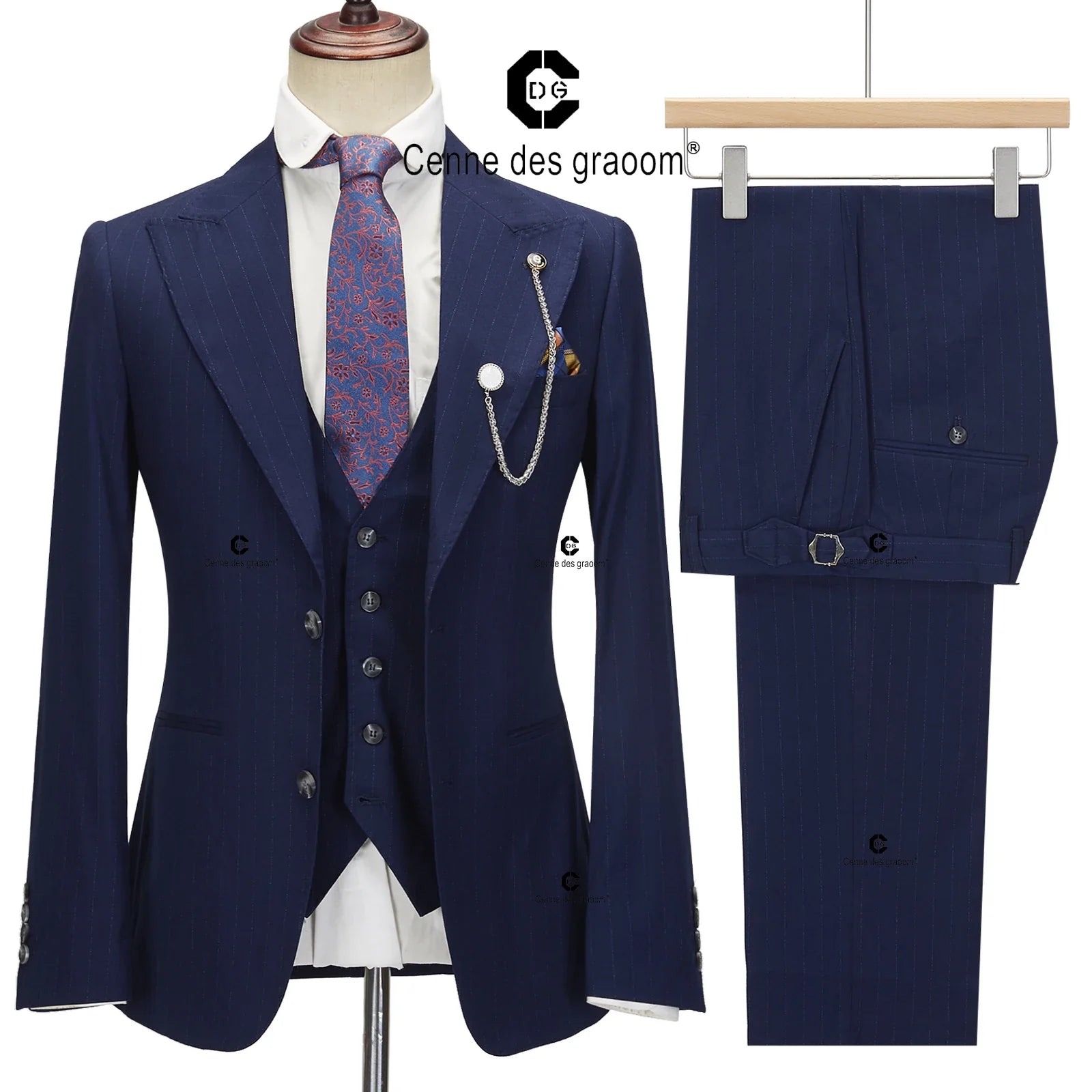 Cenne des Graoom 2024 Neueste Manteldesign Männer Anzüge Streifen maßgeschneiderte schlanke Fit 2 Knopf 3-teilige Set Blazer Weste Hosen Hochzeit