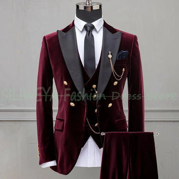 Formal Men Velvet Suits 3 Pieces Slim Fit Jacket Vest Pants Business Blazer Sets Wedding Groomsmen Tuxedo Terno Masculino