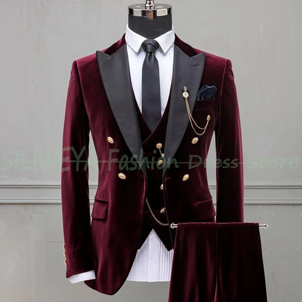 Formal Men Velvet Suits 3 Pieces Slim Fit Jacket Vest Pants Business Blazer Sets Wedding Groomsmen Tuxedo Terno Masculino