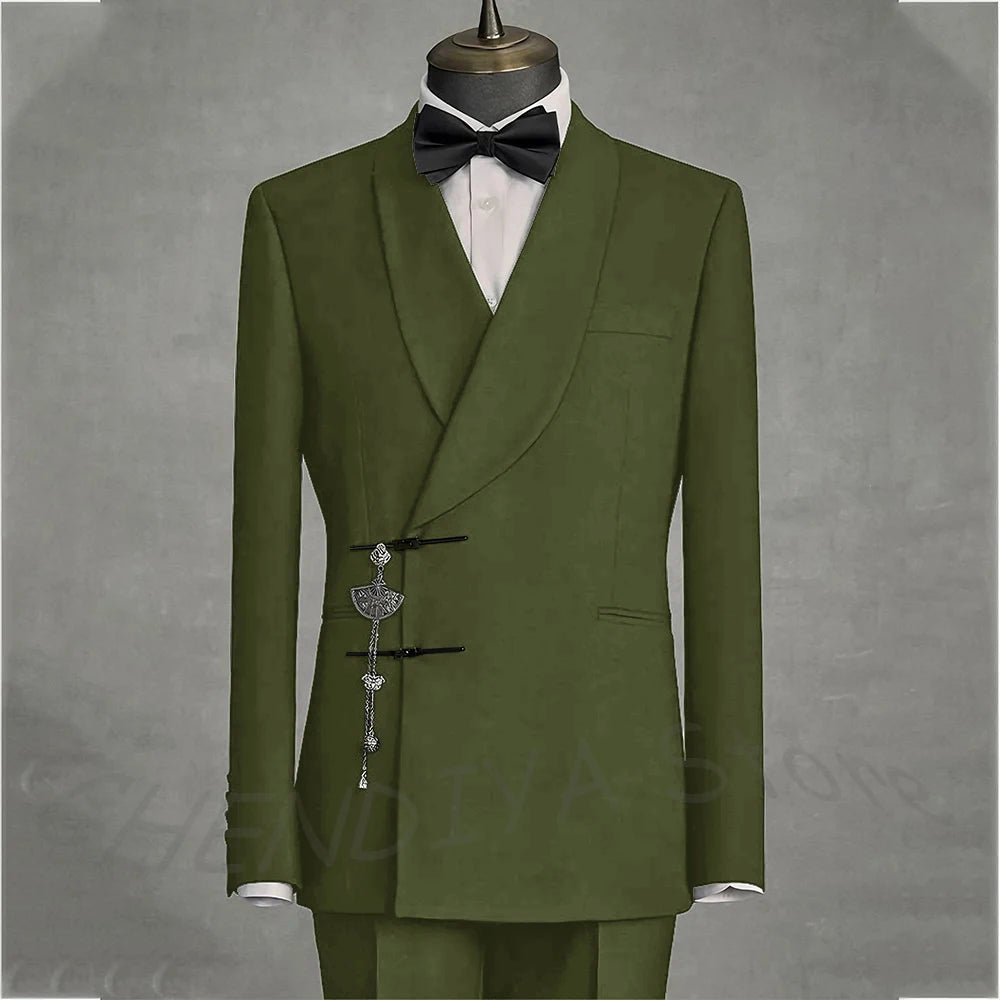 Solid Black Men's Suits Slim Fit Double Button Business Pants Suit Tailored Prom Party Wedding 2 Piece Jacket With Pants