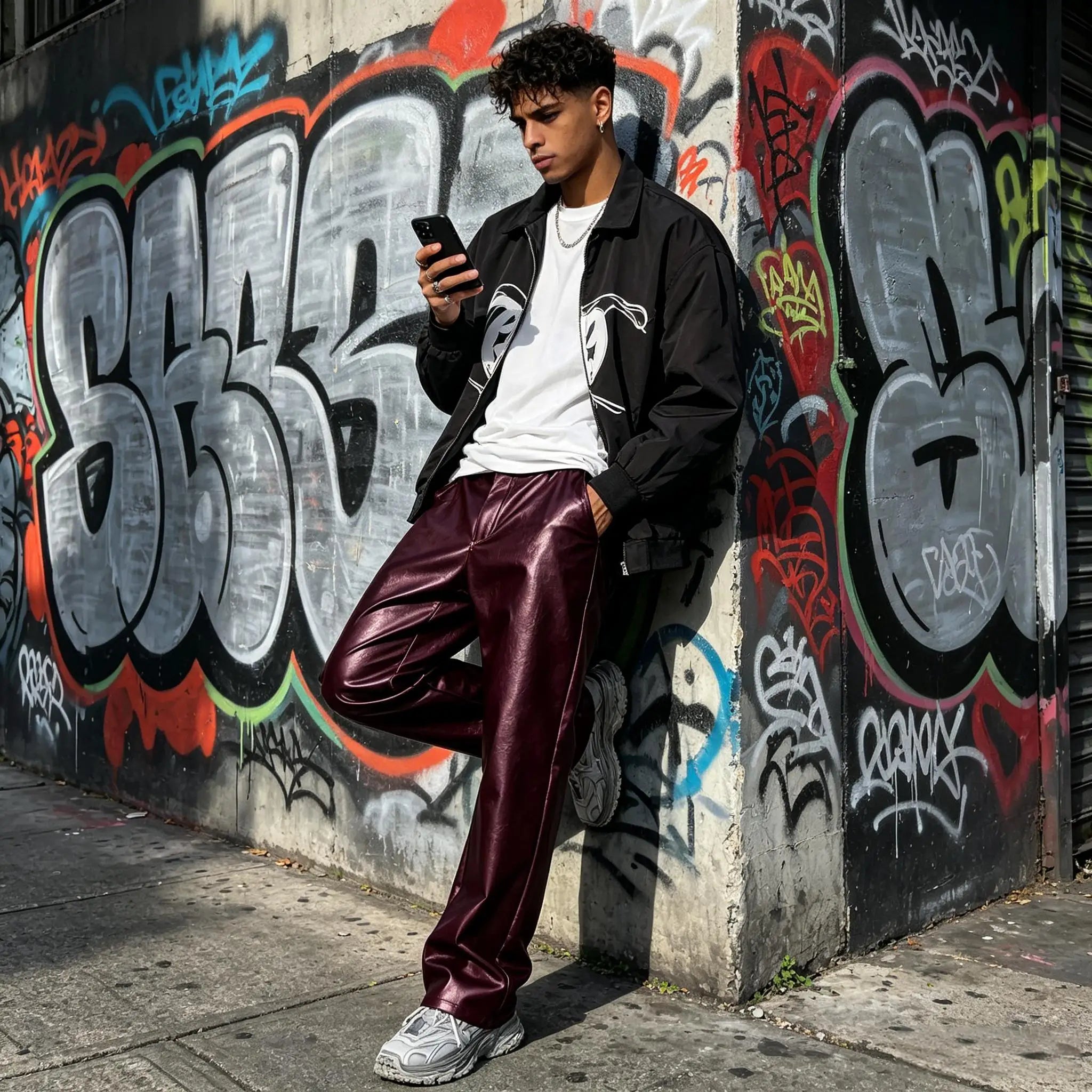 Men's Faux Leather Wide Leg Pants High Waist Loose Straight Trousers Hip Hop Streetwear Club Party Casual Bottoms